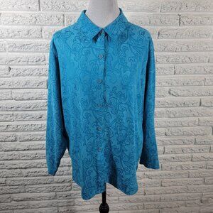 Studio Works Women's XL Blue Geometric Collared Button Up Top GEO208E